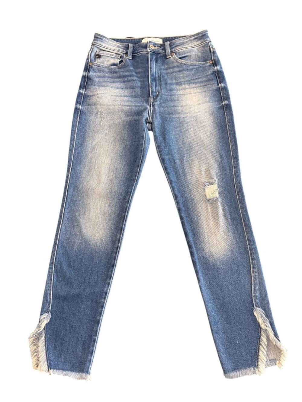 Kankan High Rise Medium Wash Jeans Split Hem Fringe Ankle Womens 9/28